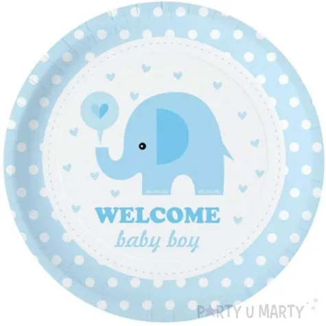 talerzyki papierowe welcome baby boy slonik bialo niebieski partypal 18 cm 6 szt