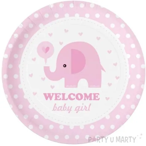 talerzyki papierowe welcome baby girl slonik bialo rozowy partypal 18 cm 6 szt