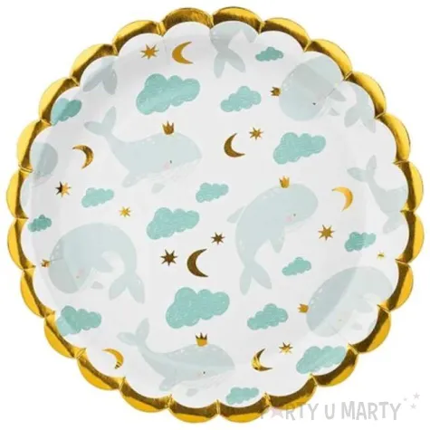 talerzyki papierowe wieloryby z korona chmurki partydeco 18 cm 6 szt