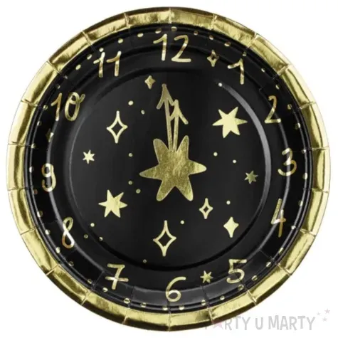 talerzyki papierowe zegar sylwestrowy zloto czarny partydeco 18 cm 6 szt