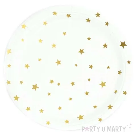 talerzyki papierowe zlote gwiazdki biale partypal 18 cm 6 szt