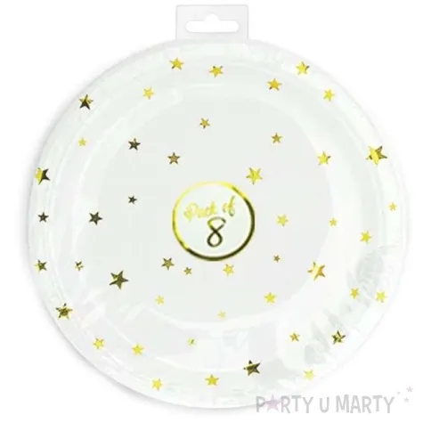 talerzyki papierowe zlote gwiazdki biale partypal 18 cm 6 szt