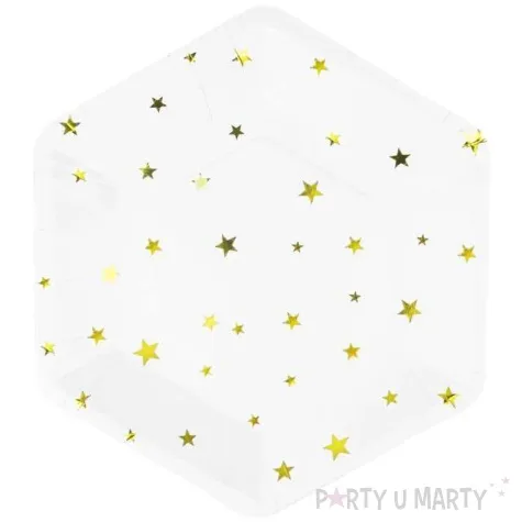 talerzyki papierowe zlote gwiazdki biale partypal 23 cm 8 szt