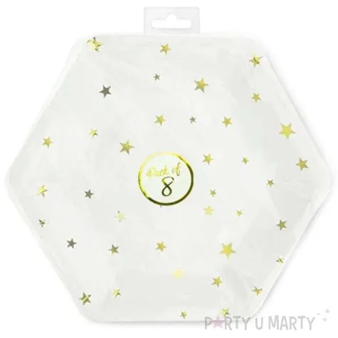 talerzyki papierowe zlote gwiazdki biale partypal 23 cm 8 szt