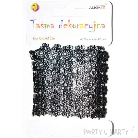 tasiemka koronkowa kwiatki czarno srebrna aliga 50 cm