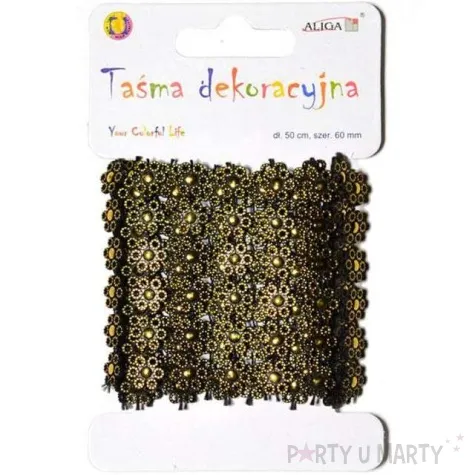 tasiemka koronkowa kwiatki czarno zlote aliga 50 cm