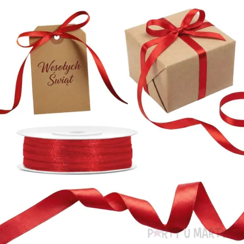 tasiemka satynowa dekoracyjna do prezentow czerwona cala rolka 3mm 50m
