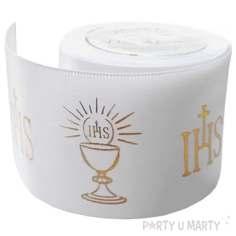 tasiemka satynowa komunia swieta ihs i kielich z hostia bialy deco mariage 50 mm 10 m
