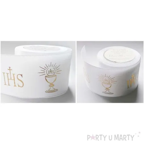 tasiemka satynowa komunia swieta ihs i kielich z hostia bialy deco mariage 50 mm 10 m