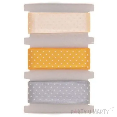 tasiemka satynowa kropki szaro bezowa zolta aliga 25 mm 3 m