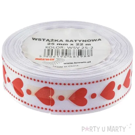 tasiemka satynowa serca i kropki bialy brewis 25 mm 22 m
