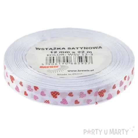 tasiemka satynowa serduszka w kropki i paski bialy brewis 12 mm 22 m