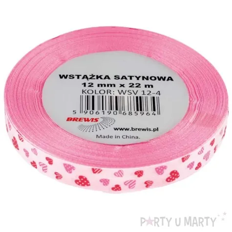tasiemka satynowa serduszka w kropki i paski rozowy brewis 12 mm 22 m