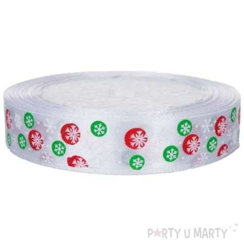 tasiemka satynowa sniezynki biala 15 mm 16 m