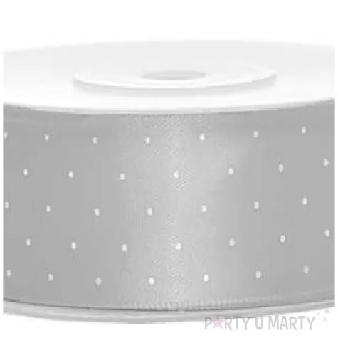 tasiemka satynowa w kropki srebrna 25 mm 25 m
