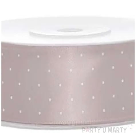 tasiemka satynowa w kropki szaro rozowa pudrowa 25 mm 25 m