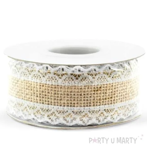 tasma dekoracyjna jutowa z koronka 2 brazowa partydeco 500 x 4 cm