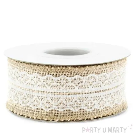 tasma dekoracyjna jutowa z koronka brazowa partydeco 500 x 4 cm