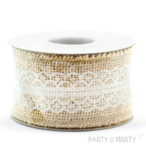 tasma dekoracyjna jutowa z koronka brazowa partydeco 500 x 5 cm