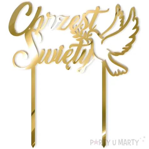 topper na tort golebica dekoracja na chrzest swiety zloty lustrzany 16 5 cm