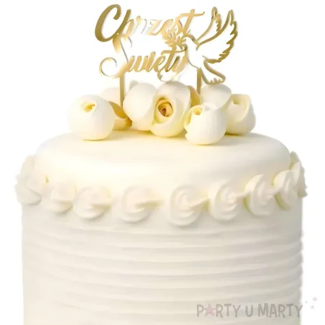 topper na tort golebica dekoracja na chrzest swiety zloty lustrzany 16 5 cm
