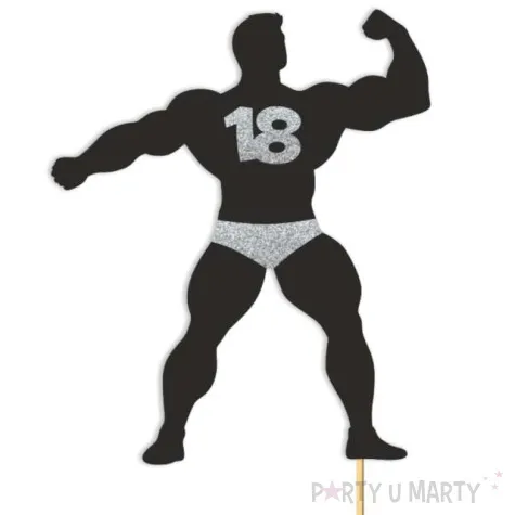 topper papierowy 18 urodziny hot man kulturysta czarny srebrny brokat 11 5 x 20 cm