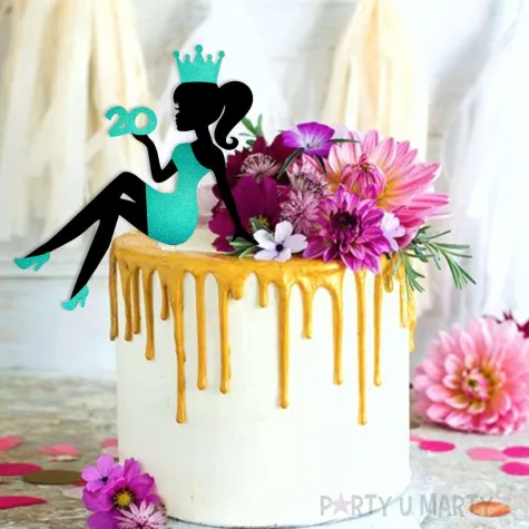 topper papierowy 20 urodziny hot laska czarny turkusowy brokat 14 x 19 cm