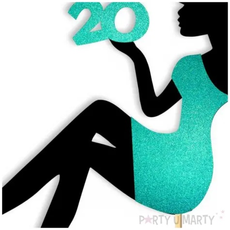 topper papierowy 20 urodziny hot laska czarny turkusowy brokat 14 x 19 cm