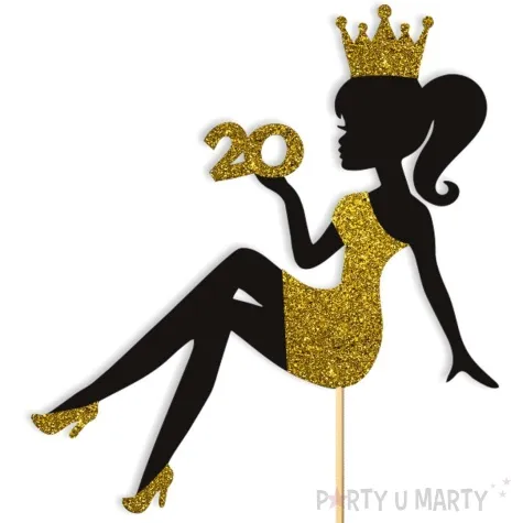 topper papierowy 20 urodziny hot laska czarny zloty brokat 14 x 19 cm