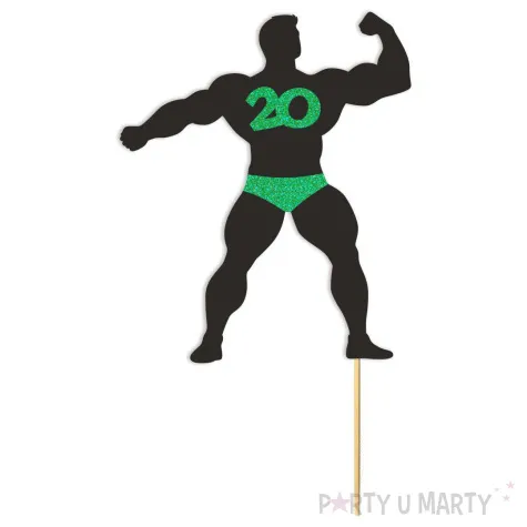 topper papierowy 20 urodziny hot man kulturysta czarny zielony brokat 11 5 x 20 cm