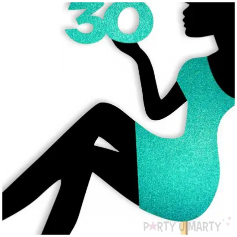 topper papierowy 30 urodziny hot laska czarny turkusowy brokat 14 x 19 cm