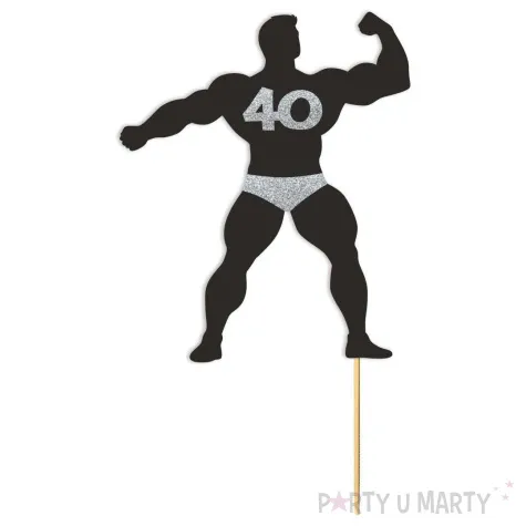 topper papierowy 40 urodziny hot man kulturysta czarny srebrny brokat 11 5 x 20 cm