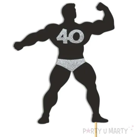 topper papierowy 40 urodziny hot man kulturysta czarny srebrny brokat 11 5 x 20 cm