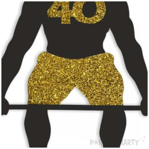 topper papierowy 40 urodziny hot man sztangista czarny zloty brokat 15 x 19 cm