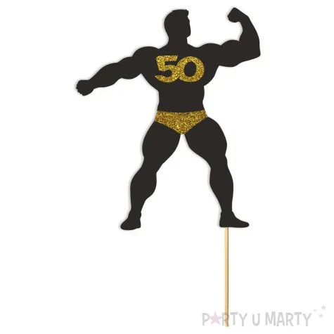 topper papierowy 50 urodziny hot man kulturysta czarny z oty brokat 11 5 x 20 cm