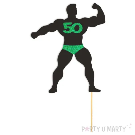 topper papierowy 50 urodziny hot man kulturysta czarny zielony brokat 11 5 x 20 cm