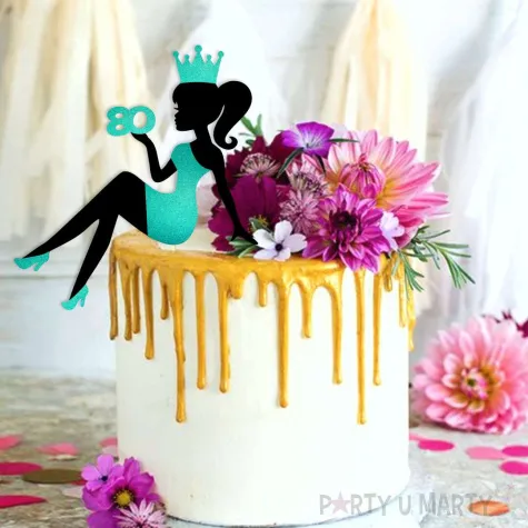 topper papierowy 80 urodziny hot laska czarny turkusowy brokat 14 x 19 cm