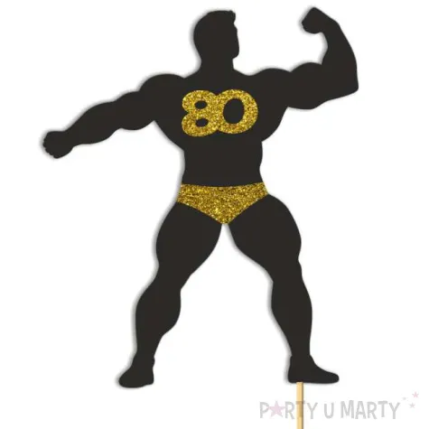 topper papierowy 80 urodziny hot man kulturysta czarny zloty brokat 11 5 x 20 cm
