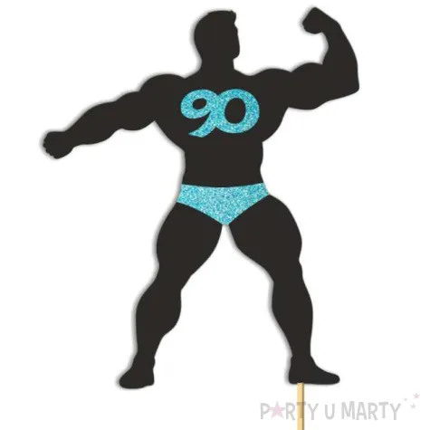 topper papierowy 90 urodziny hot man kulturysta czarny niebieski brokat 11 5 x 20 cm