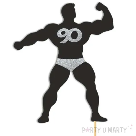 topper papierowy 90 urodziny hot man kulturysta czarny srebrny brokat 11 5 x 20 cm