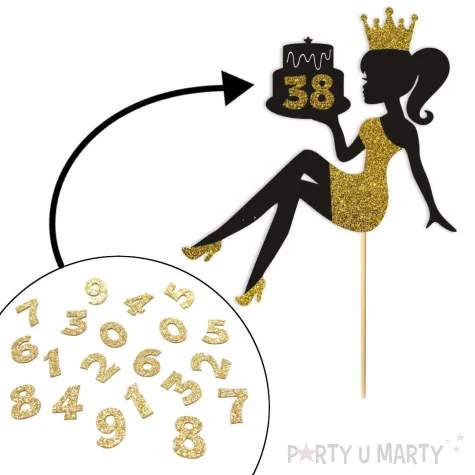 topper papierowy dowolne urodziny hot laska czarny zloty brokat 14 x 19 cm