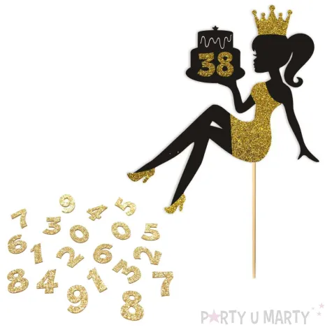 topper papierowy dowolne urodziny hot laska czarny zloty brokat 14 x 19 cm