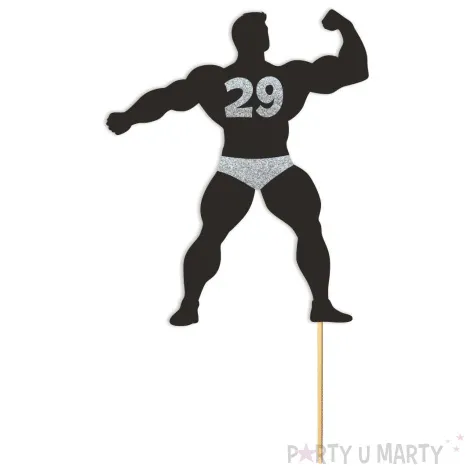 topper papierowy dowolne urodziny hot man kulturysta czarny srebrny brokat 11 5 x 20 cm