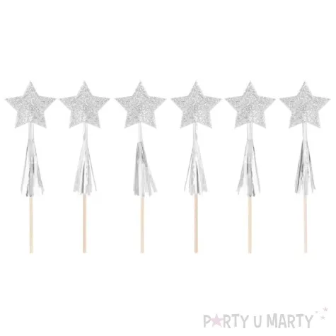 topper papierowy gwiazdki z fredzlami srebrny brokat partypal 11 cm 6 szt