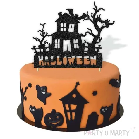 topper papierowy halloween domek czarny brokat 18x22 cm