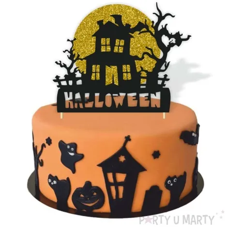 topper papierowy halloween domek czarny i zloty brokat 18x22 cm
