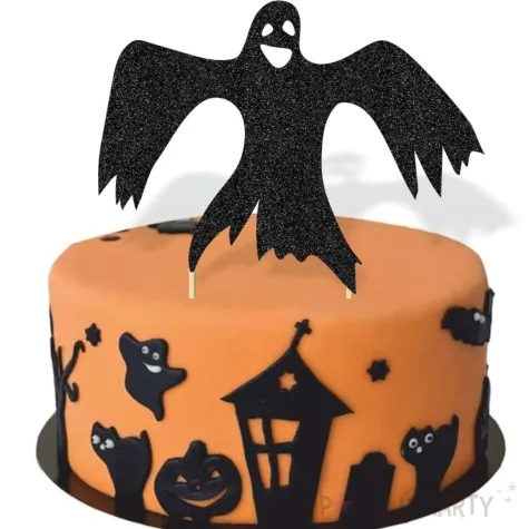 topper papierowy halloween duch czarny brokatowy 18x19 cm