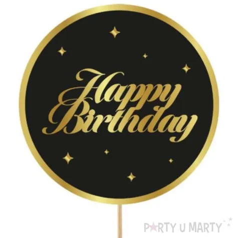 topper papierowy happy birthday gwiazdki czarno zloty godan 10x20 cm