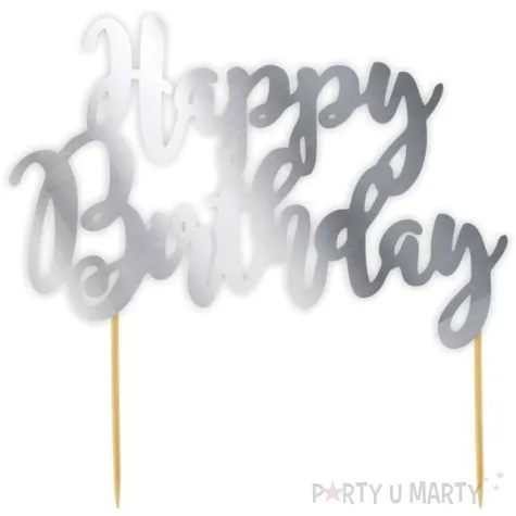 topper papierowy happy birthday srebrny metalic 18x19 cm