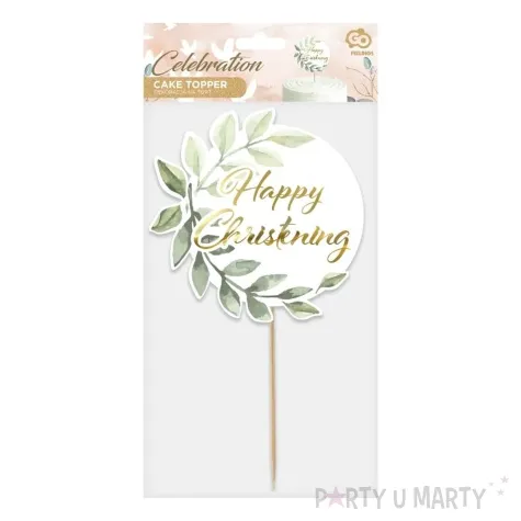 topper papierowy happy christening listki bialo zloty godan 14x24 cm